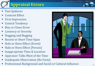 © Empower Management Consulting LLC - All Rights Reserved


        Appraisal Errors
   Past Spillover
   Contrast Effect
   First Impression
   Central Tendency
   Bias or Clone Error
   Leniency or Severity
   Nagging and Begging
   Recent or Short Time-Span
   Halo or Horn Effect (Event)
   Halo or Horn Effect (Person)
   Inappropriate Time & Location
   Appraiser Talks Most of the Time
   Inadequate Observation (No Facts)
   Professional Background and Social or Cultural Influence                                         35
 