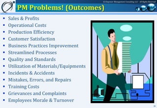 © Empower Management Consulting LLC - All Rights Reserved


        PM Problems! (Outcomes)
   Sales & Profits
   Operational Costs
   Production Efficiency
   Customer Satisfaction
   Business Practices Improvement
   Streamlined Processes
   Quality and Standards
   Utilization of Materials/Equipments
   Incidents & Accidents
   Mistakes, Errors, and Repairs
   Training Costs
   Grievances and Complaints
   Employees Morale & Turnover
                                                                                                38
 