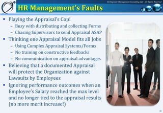 © Empower Management Consulting LLC - All Rights Reserved


      HR Management’s Faults
 Playing the Appraisal’s Cop!
   – Busy with distributing and collecting Forms
   – Chasing Supervisors to send Appraisal ASAP
 Thinking one Appraisal Model fits all Jobs
   – Using Complex Appraisal Systems/Forms
   – No training on constructive feedbacks
   – No communication on appraisal advantages
 Believing that a documented Appraisal
  will protect the Organization against
  Lawsuits by Employees
 Ignoring performance outcomes when an
  Employee’s Salary reached the max level
  and no longer tied to the appraisal results
  (no more merit increase!)
                                                                                                         39
 