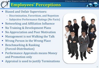 © Empower Management Consulting LLC - All Rights Reserved


       Employees’ Perceptions
 Biased and Unfair Supervisors:
    – Discrimination, Favoritism, and Nepotism
    – Subjective Performance Ratings (No Facts)
 Networking and Affiliation Influence
 No Training & Development Plans
 No Appreciation and Poor Motivation
 Management is not Walking the Talk
 Wrong Person in the Wrong Place
 Benchmarking & Ranking
  (Forced-Distribution)
 Performance Appraisals means Money
  and Promotion only
 Appraisal is used to justify Terminations
                                                                                                        41
 