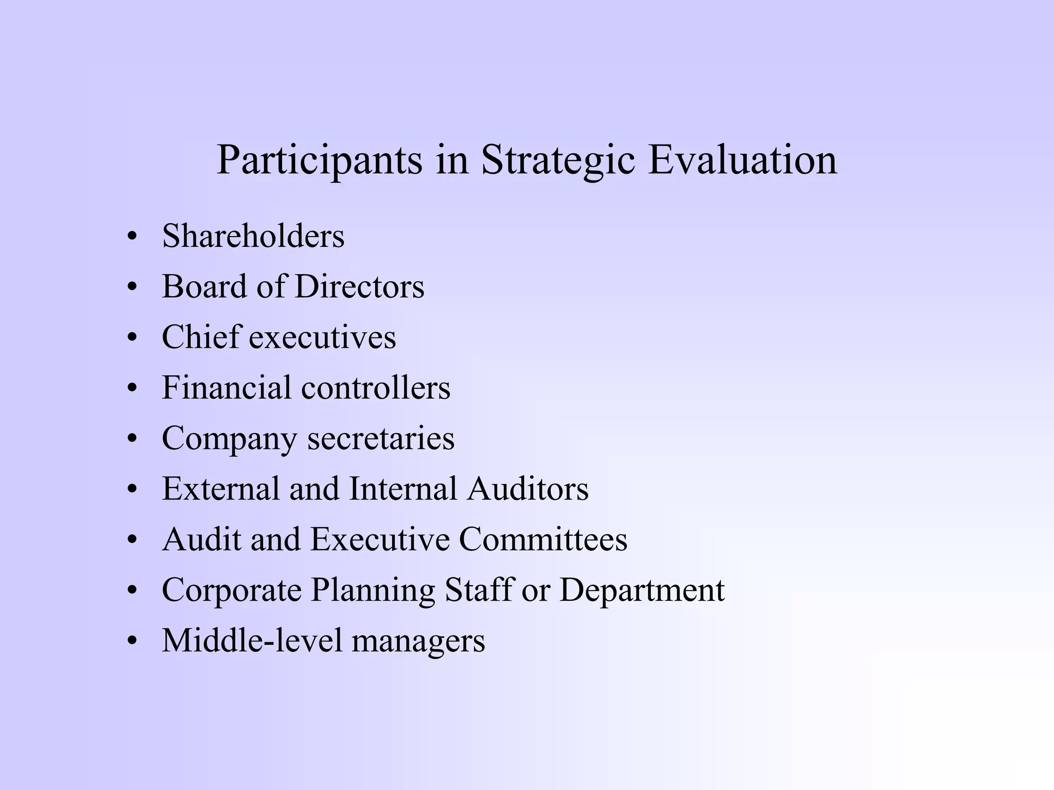 Participants in Strategic Evaluation
• Shareholders
• Board of Directors
• Chief executives
• Financial controllers
• Company secretaries
• External and Internal Auditors
• Audit and Executive Committees
• Corporate Planning Staff or Department
• Middle-level managers
 