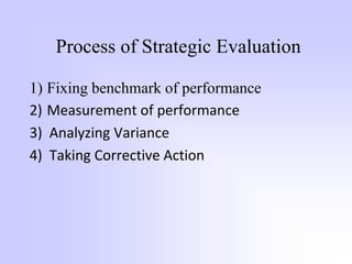 Process of Strategic Evaluation
1) Fixing benchmark of performance
2) Measurement of performance
3) Analyzing Variance
4) Taking Corrective Action
 