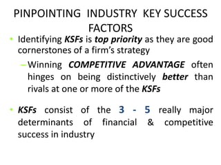 PINPOINTING INDUSTRY KEY SUCCESS
FACTORS
• Identifying KSFs is top priority as they are good
cornerstones of a firm’s strategy
–Winning COMPETITIVE ADVANTAGE often
hinges on being distinctively better than
rivals at one or more of the KSFs
• KSFs consist of the 3 - 5 really major
determinants of financial & competitive
success in industry
 