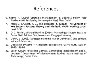 References
6. Kazmi, A. (2008),“Strategic Management & Business Policy, Tata
McGraw-Hill Publishing Company Limited, New Delhi.
7. Klaus G. Grunert, K. G., and Ellegaard, C. (1992), The Concept of
Key Success Factors: Theory and Method, MAPP working paper
no 4, 1-33.
8. O. C. Ferrell, Michael Hartline (2014), Marketing Strategy, Text and
Cases Sixth Edition South-Western Cengage Learning.
9. Olsen, E (2009), “Strategic Planning Kit For Dummies”, 2nd Edition,
Willey Publication.
10. Operating Systems – A modern perspective, Garry Nutt, ISBN 0-
8053-1295-1
11. Sushil (2000), “Strategic Control, Continuous Improvement and E-
business” Department of Management Studies Indian Institute of
Technology, Delhi. India.
 