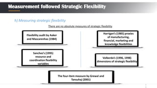 1
3
Measurement followed Strategic Flexibility
h) Measuring strategic flexibility
There are no absolute measures of strategic flexibility
Flexibility audit by Aaker
and Mascarenhas (1984)
Harrigan’s (1985) proxies
of manufacturing,
financial, marketing and
knowledge flexibilities
Sanchez’s (1995)
resource and
coordination flexibility
variables
Volberda’s (1996, 1998)
dimensions of strategic flexibility
The four-item measure by Grewal and
Tansuhaj (2001)
 