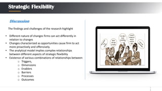 1
4
Strategic Flexibility
Discussion
• Different nature of changes firms can act differently in
relation to changes
• Changes characterized as opportunities cause firm to act
more proactively and offensively.
• The analytical model implies complex relationships
between different aspects of strategic flexibility
• Existence of various combinations of relationships between
o Triggers,
o Dimensions
o Enablers
o Barriers
o Processes
o Outcomes
The findings and challenges of the research highlight
 