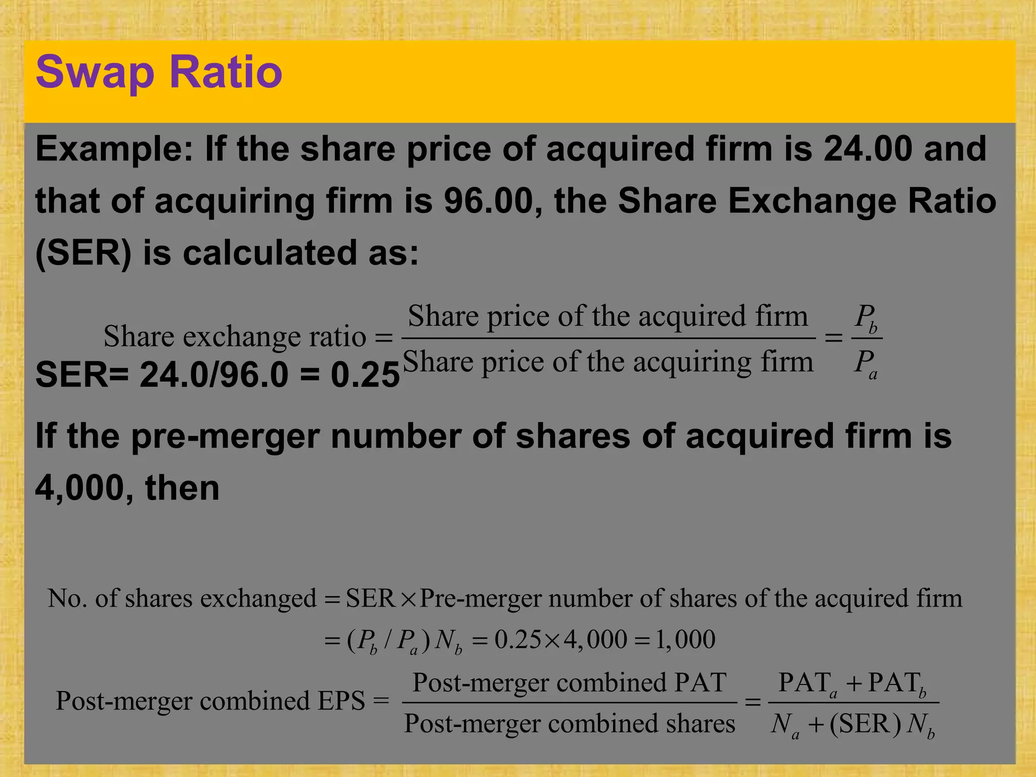 Swap Ratio
Example: If the share price of acquired firm is 24.00 and
that of acquiring firm is 96.00, the Share Exchange Ratio
(SER) is calculated as:
SER= 24.0/96.0 = 0.25
If the pre-merger number of shares of acquired firm is
4,000, then
Share price of the acquired firm
Share exchange ratio
Share price of the acquiring firm
b
a
P
P
= =
No. of shares exchanged SER Pre-merger number of shares of the acquired firm
( / ) 0.25 4,000 1,000b a bP P N
= ×
= = × =
PAT PATPost-merger combined PAT
Post-merger combined EPS =
Post-merger combined shares (SER)
a b
a bN N
+
=
+
 
