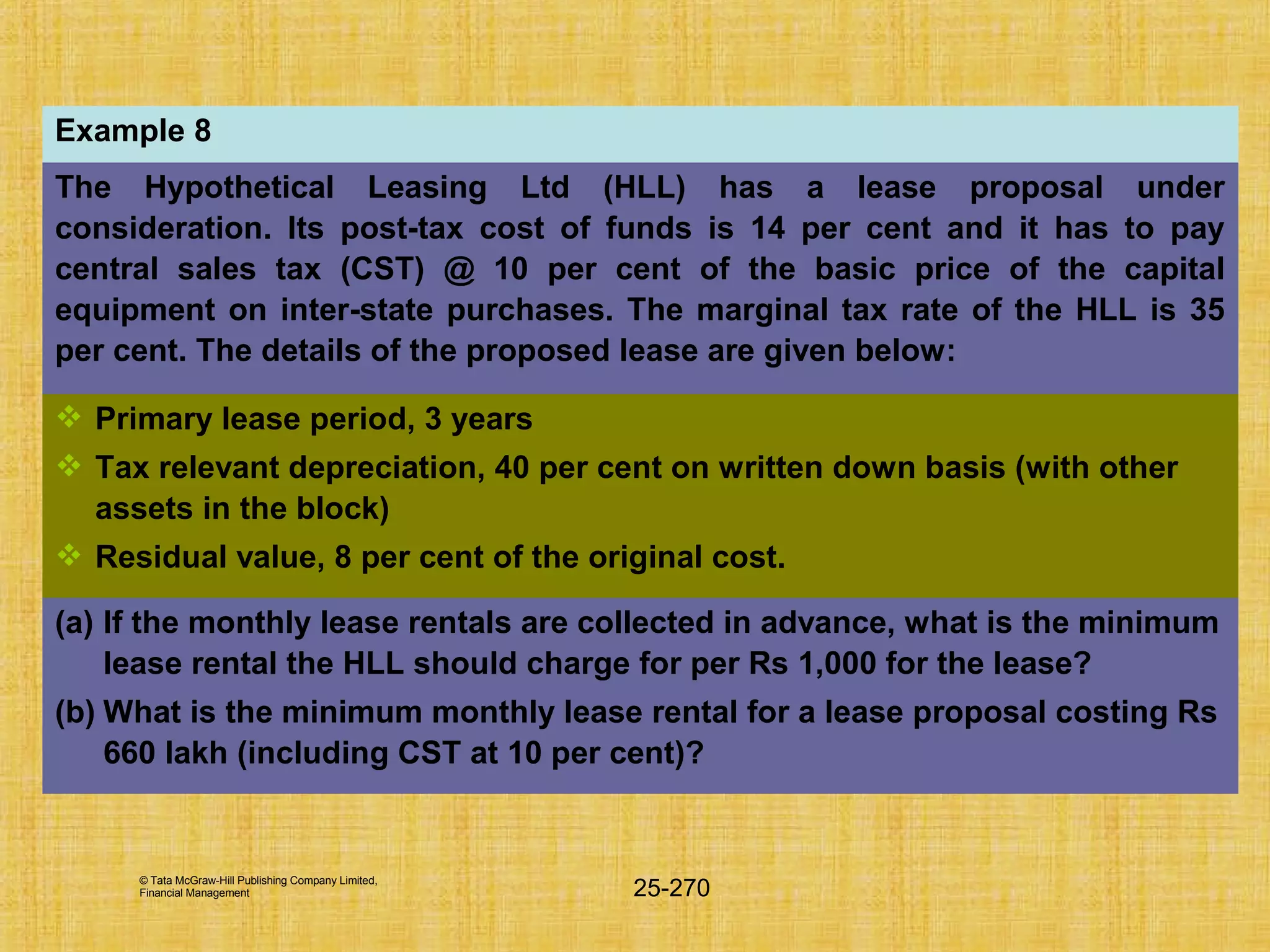 © Tata McGraw-Hill Publishing Company Limited,
Financial Management 25-270
Example 8
The Hypothetical Leasing Ltd (HLL) has a lease proposal under
consideration. Its post-tax cost of funds is 14 per cent and it has to pay
central sales tax (CST) @ 10 per cent of the basic price of the capital
equipment on inter-state purchases. The marginal tax rate of the HLL is 35
per cent. The details of the proposed lease are given below:
 Primary lease period, 3 years
 Tax relevant depreciation, 40 per cent on written down basis (with other
assets in the block)
 Residual value, 8 per cent of the original cost.
(a) If the monthly lease rentals are collected in advance, what is the minimum
lease rental the HLL should charge for per Rs 1,000 for the lease?
(b) What is the minimum monthly lease rental for a lease proposal costing Rs
660 lakh (including CST at 10 per cent)?
 