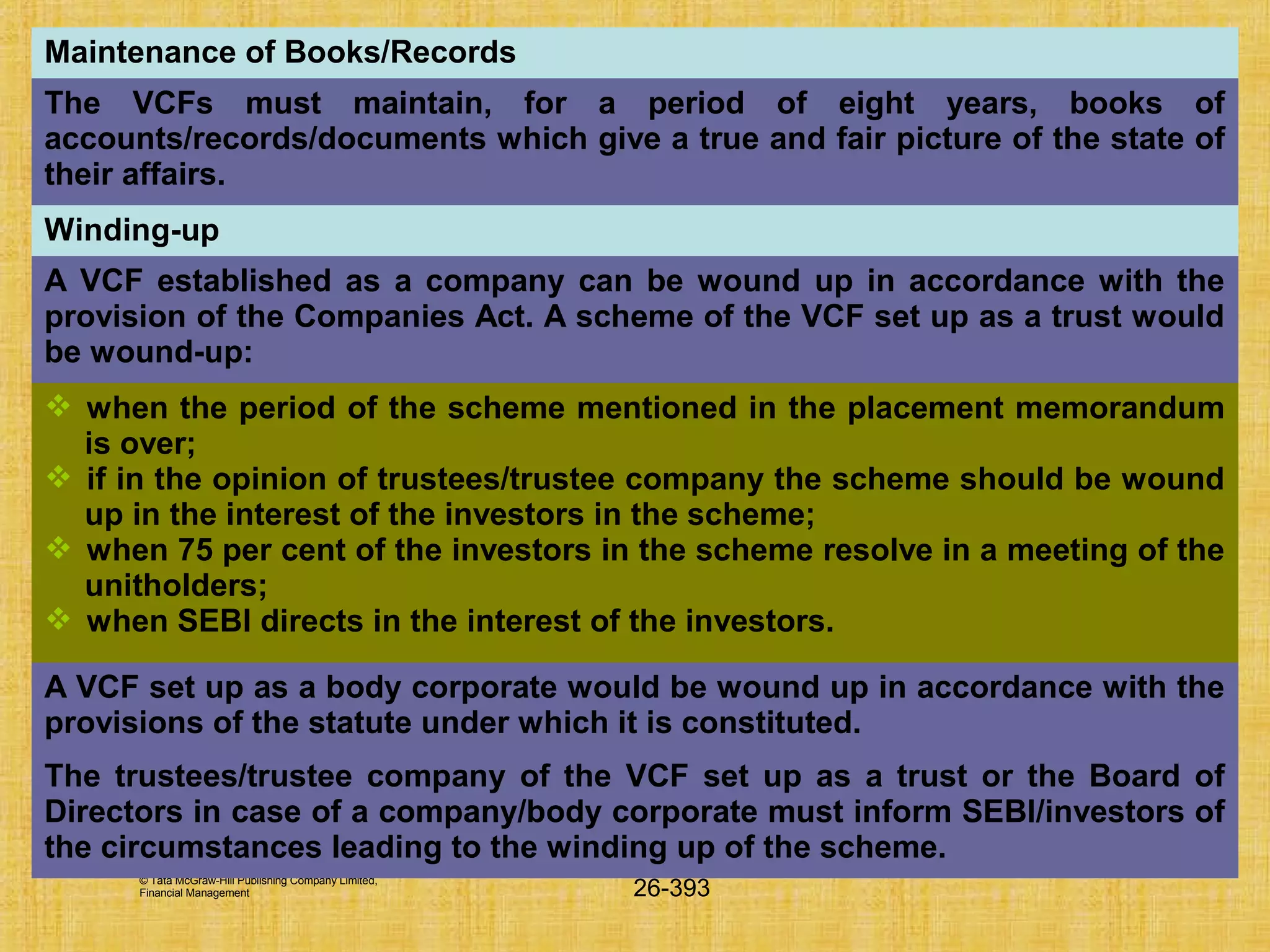 © Tata McGraw-Hill Publishing Company Limited,
Financial Management 26-393
Maintenance of Books/Records
The VCFs must maintain, for a period of eight years, books of
accounts/records/documents which give a true and fair picture of the state of
their affairs.
Winding-up
A VCF established as a company can be wound up in accordance with the
provision of the Companies Act. A scheme of the VCF set up as a trust would
be wound-up:
 when the period of the scheme mentioned in the placement memorandum
is over;
 if in the opinion of trustees/trustee company the scheme should be wound
up in the interest of the investors in the scheme;
 when 75 per cent of the investors in the scheme resolve in a meeting of the
unitholders;
 when SEBI directs in the interest of the investors.
A VCF set up as a body corporate would be wound up in accordance with the
provisions of the statute under which it is constituted.
The trustees/trustee company of the VCF set up as a trust or the Board of
Directors in case of a company/body corporate must inform SEBI/investors of
the circumstances leading to the winding up of the scheme.
 