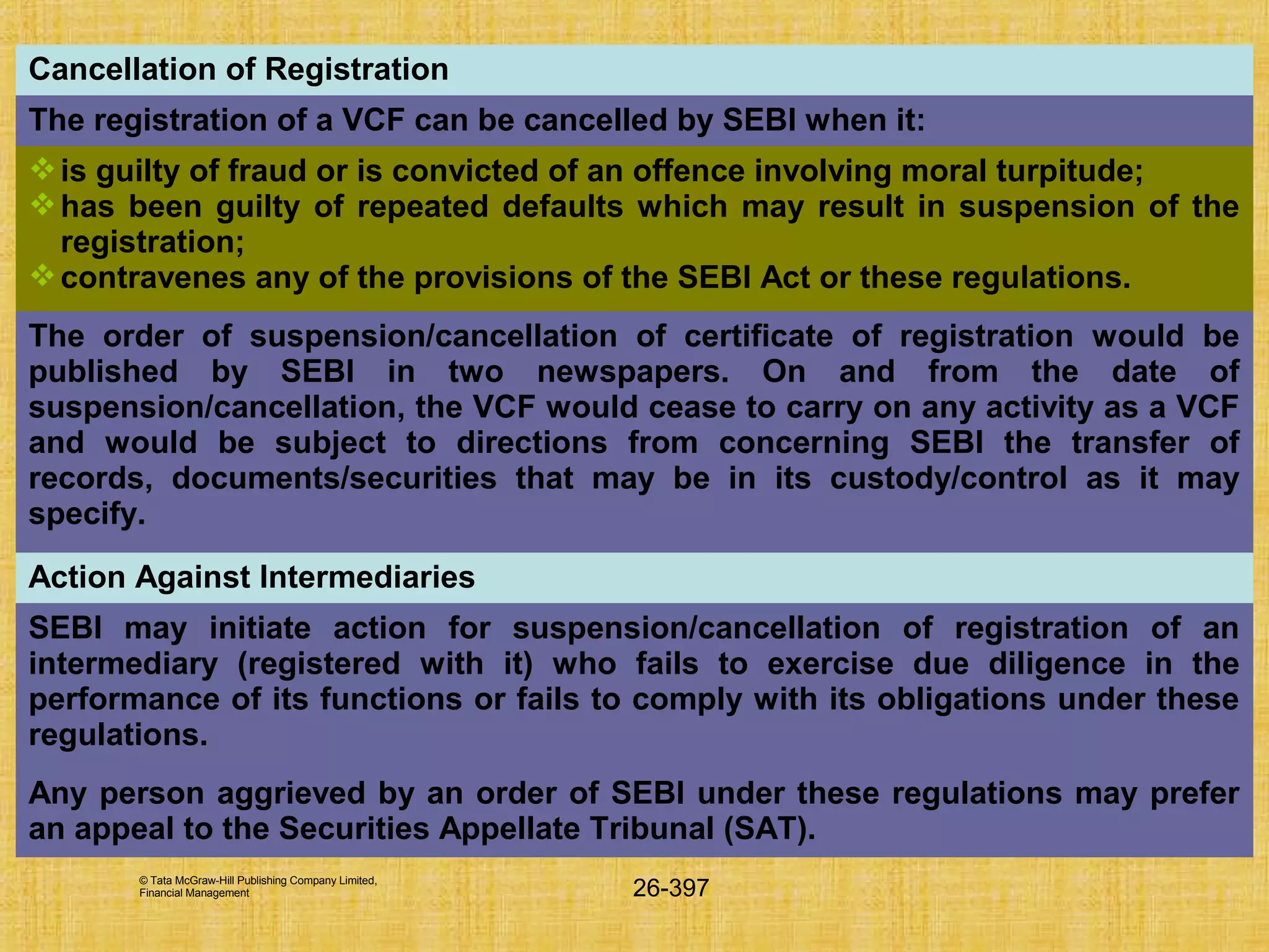 © Tata McGraw-Hill Publishing Company Limited,
Financial Management 26-397
Cancellation of Registration
The registration of a VCF can be cancelled by SEBI when it:
is guilty of fraud or is convicted of an offence involving moral turpitude;
has been guilty of repeated defaults which may result in suspension of the
registration;
contravenes any of the provisions of the SEBI Act or these regulations.
The order of suspension/cancellation of certificate of registration would be
published by SEBI in two newspapers. On and from the date of
suspension/cancellation, the VCF would cease to carry on any activity as a VCF
and would be subject to directions from concerning SEBI the transfer of
records, documents/securities that may be in its custody/control as it may
specify.
Action Against Intermediaries
SEBI may initiate action for suspension/cancellation of registration of an
intermediary (registered with it) who fails to exercise due diligence in the
performance of its functions or fails to comply with its obligations under these
regulations.
Any person aggrieved by an order of SEBI under these regulations may prefer
an appeal to the Securities Appellate Tribunal (SAT).
 