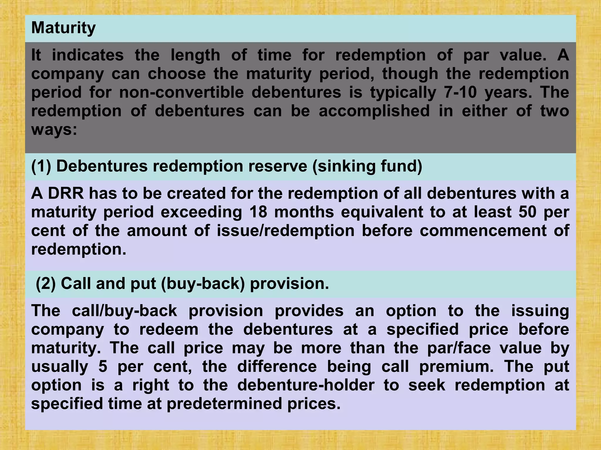 23-416
Maturity
It indicates the length of time for redemption of par value. A
company can choose the maturity period, though the redemption
period for non-convertible debentures is typically 7-10 years. The
redemption of debentures can be accomplished in either of two
ways:
(1) Debentures redemption reserve (sinking fund)
A DRR has to be created for the redemption of all debentures with a
maturity period exceeding 18 months equivalent to at least 50 per
cent of the amount of issue/redemption before commencement of
redemption.
(2) Call and put (buy-back) provision.
The call/buy-back provision provides an option to the issuing
company to redeem the debentures at a specified price before
maturity. The call price may be more than the par/face value by
usually 5 per cent, the difference being call premium. The put
option is a right to the debenture-holder to seek redemption at
specified time at predetermined prices.
 