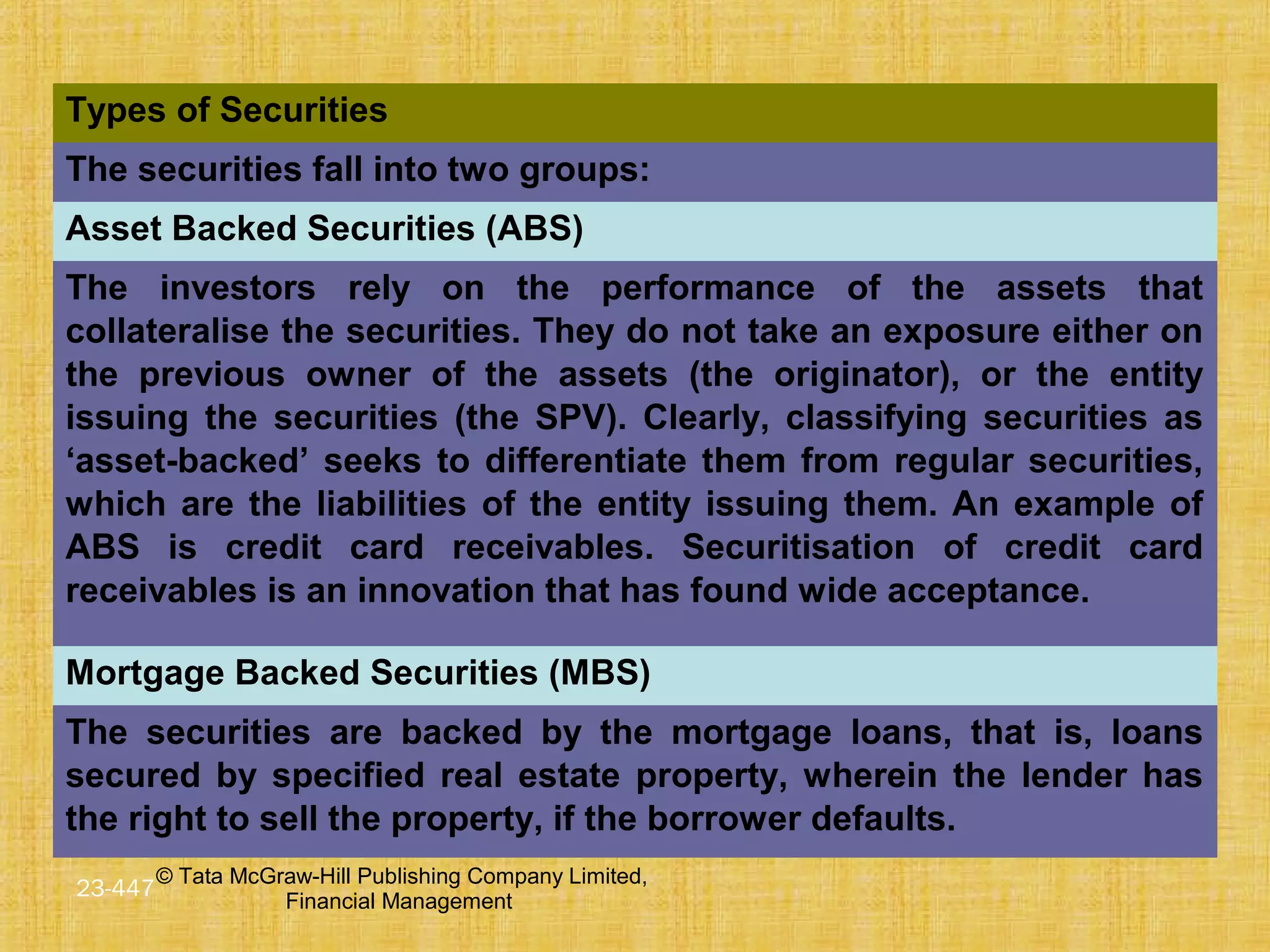 © Tata McGraw-Hill Publishing Company Limited,
Financial Management
23-447
Types of Securities
The securities fall into two groups:
Asset Backed Securities (ABS)
The investors rely on the performance of the assets that
collateralise the securities. They do not take an exposure either on
the previous owner of the assets (the originator), or the entity
issuing the securities (the SPV). Clearly, classifying securities as
‘asset-backed’ seeks to differentiate them from regular securities,
which are the liabilities of the entity issuing them. An example of
ABS is credit card receivables. Securitisation of credit card
receivables is an innovation that has found wide acceptance.
Mortgage Backed Securities (MBS)
The securities are backed by the mortgage loans, that is, loans
secured by specified real estate property, wherein the lender has
the right to sell the property, if the borrower defaults.
 