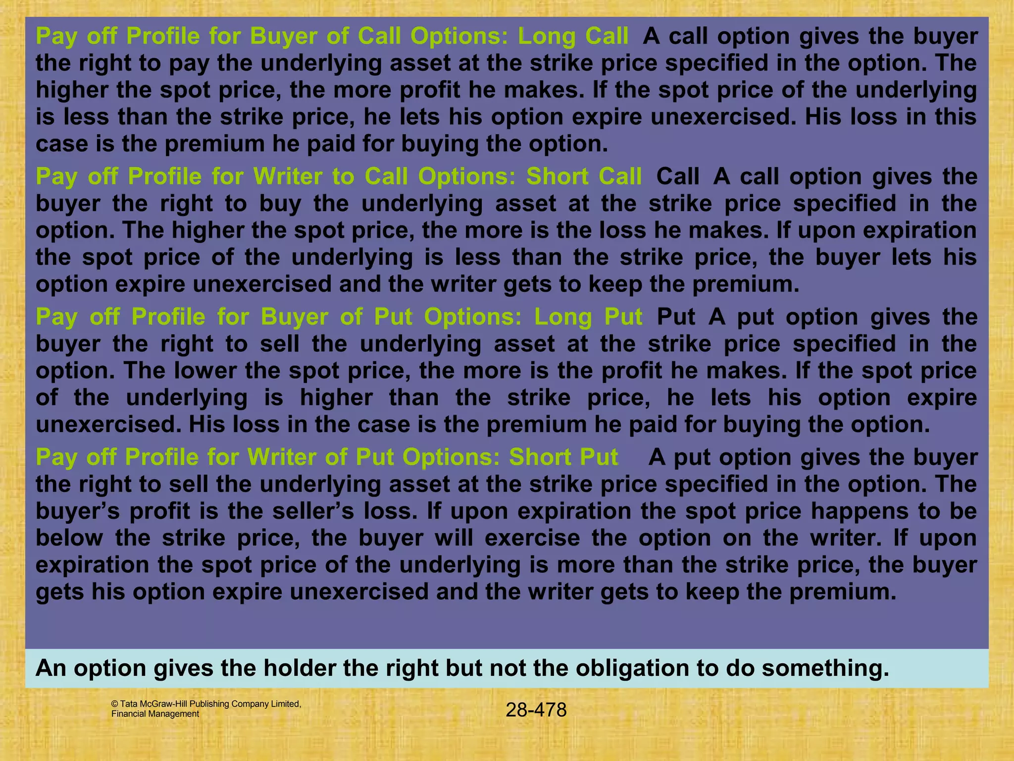 © Tata McGraw-Hill Publishing Company Limited,
Financial Management 28-478
Pay off Profile for Buyer of Call Options: Long Call A call option gives the buyer
the right to pay the underlying asset at the strike price specified in the option. The
higher the spot price, the more profit he makes. If the spot price of the underlying
is less than the strike price, he lets his option expire unexercised. His loss in this
case is the premium he paid for buying the option.
Pay off Profile for Writer to Call Options: Short Call Call A call option gives the
buyer the right to buy the underlying asset at the strike price specified in the
option. The higher the spot price, the more is the loss he makes. If upon expiration
the spot price of the underlying is less than the strike price, the buyer lets his
option expire unexercised and the writer gets to keep the premium.
Pay off Profile for Buyer of Put Options: Long Put Put A put option gives the
buyer the right to sell the underlying asset at the strike price specified in the
option. The lower the spot price, the more is the profit he makes. If the spot price
of the underlying is higher than the strike price, he lets his option expire
unexercised. His loss in the case is the premium he paid for buying the option.
Pay off Profile for Writer of Put Options: Short Put A put option gives the buyer
the right to sell the underlying asset at the strike price specified in the option. The
buyer’s profit is the seller’s loss. If upon expiration the spot price happens to be
below the strike price, the buyer will exercise the option on the writer. If upon
expiration the spot price of the underlying is more than the strike price, the buyer
gets his option expire unexercised and the writer gets to keep the premium.
An option gives the holder the right but not the obligation to do something.
 