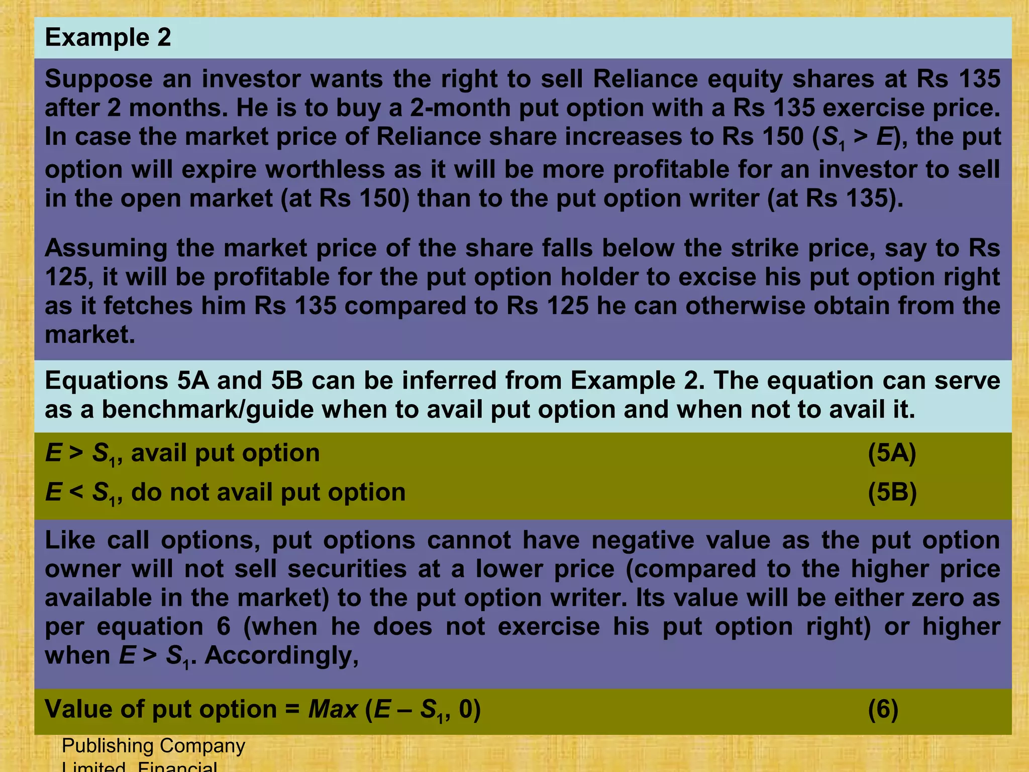 © Tata McGraw-Hill
Publishing Company
27-510
Example 2
Suppose an investor wants the right to sell Reliance equity shares at Rs 135
after 2 months. He is to buy a 2-month put option with a Rs 135 exercise price.
In case the market price of Reliance share increases to Rs 150 (S1 > E), the put
option will expire worthless as it will be more profitable for an investor to sell
in the open market (at Rs 150) than to the put option writer (at Rs 135).
Assuming the market price of the share falls below the strike price, say to Rs
125, it will be profitable for the put option holder to excise his put option right
as it fetches him Rs 135 compared to Rs 125 he can otherwise obtain from the
market.
Equations 5A and 5B can be inferred from Example 2. The equation can serve
as a benchmark/guide when to avail put option and when not to avail it.
E > S1, avail put option (5A)
E < S1, do not avail put option (5B)
Like call options, put options cannot have negative value as the put option
owner will not sell securities at a lower price (compared to the higher price
available in the market) to the put option writer. Its value will be either zero as
per equation 6 (when he does not exercise his put option right) or higher
when E > S1. Accordingly,
Value of put option = Max (E – S1, 0) (6)
 