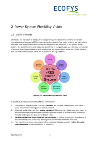 POWDE15750 9
2 Power System Flexibility Vision
2.1 Vision Elements
Ultimately, the transition to reliable, low-cost power systems dependent primarily on variable
renewable energy sources (vRES) involves a transformation in how power systems are planned and
operated. How that transformation unfolds will depend on the conditions of the specific power
system—the available renewable resources, availability of energy storage opportunities, composition
of demand, interconnectedness to other power grids, etc. Nevertheless, there are certain elements
that are likely common to all, which are illustrated in the Figure below.
Figure 2 Key elements of the flexibility vision
In a nutshell, the key characteristics of these elements are:
1. Flexibility and energy storage inherent in demand will be more fully exploited, with today’s
power consumers becoming power system partners.
2. Wholesale and ancillary services power markets will become more liquid, operating closer to
real-time and their geographic reach will be expanded in order to access existing sources of
flexibility and exploit the diversity of distant vRES.
3. Variable renewable generators will be controlled to provide grid support services and to
reduce variability and uncertainty deriving from uncontrolled renewable resources.
4. Price incentives or other mechanisms will be instituted that appropriately reflect diversity-
related benefits in the development of new vRES.
100%
vRES
Power
System
DSM
Power
Markets
vRES
control
Resource
Diversity
Energy
Storage
Smart
Grid
Surplus
Energy
 
