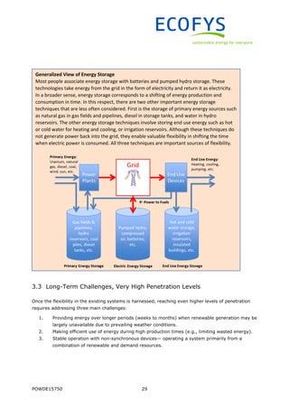 POWDE15750 29
3.3 Long-Term Challenges, Very High Penetration Levels
Once the flexibility in the existing systems is harnessed, reaching even higher levels of penetration
requires addressing three main challenges:
1. Providing energy over longer periods (weeks to months) when renewable generation may be
largely unavailable due to prevailing weather conditions.
2. Making efficient use of energy during high production times (e.g., limiting wasted energy).
3. Stable operation with non-synchronous devices— operating a system primarily from a
combination of renewable and demand resources.
Generalized View of Energy Storage
Most people associate energy storage with batteries and pumped hydro storage. These
technologies take energy from the grid in the form of electricity and return it as electricity.
In a broader sense, energy storage corresponds to a shifting of energy production and
consumption in time. In this respect, there are two other important energy storage
techniques that are less often considered. First is the storage of primary energy sources such
as natural gas in gas fields and pipelines, diesel in storage tanks, and water in hydro
reservoirs. The other energy storage techniques involve storing end use energy such as hot
or cold water for heating and cooling, or irrigation reservoirs. Although these techniques do
not generate power back into the grid, they enable valuable flexibility in shifting the time
when electric power is consumed. All three techniques are important sources of flexibility.
 