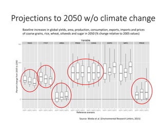 Projections to 2050 w/o climate change
Baseline increases in global yields, area, production, consumption, exports, imports and prices
of coarse grains, rice, wheat, oilseeds and sugar in 2050 (% change relative to 2005 values)
Source: Wiebe et al. (Environmental Research Letters, 2015)
 