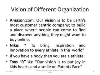 Vision of Different Organization
• Amazon.com. Our vision is to be Earth's
most customer centric company; to build
a place where people can come to find
and discover anything they might want to
buy online.
• Nike: “ To bring inspiration and
innovation to every athlete in the world”
• If you have a body then you are a athlete.
• Toys “R” Us: “Our vision is to put joy in
kids hearts and a smile on Parents Face”
2/11/2020 8
Jitendra Patel, Assistant Professor, PIMR,
Indore
 