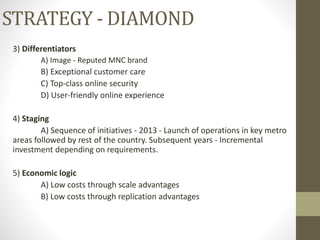 STRATEGY - DIAMOND
3) Differentiators
A) Image - Reputed MNC brand
B) Exceptional customer care
C) Top-class online security
D) User-friendly online experience
4) Staging
A) Sequence of initiatives - 2013 - Launch of operations in key metro
areas followed by rest of the country. Subsequent years - Incremental
investment depending on requirements.
5) Economic logic
A) Low costs through scale advantages
B) Low costs through replication advantages
 