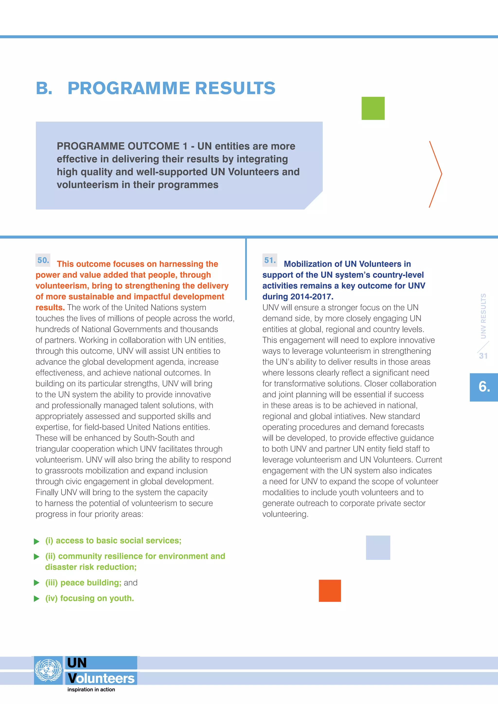 UNV RESULTS 
31 
6. 
B. PROGRAMME RESULTS 
PROGRAMME OUTCOME 1 - UN entities are more 
effective in delivering their results by integrating 
high quality and well-supported UN Volunteers and 
volunteerism in their programmes 
50. This outcome focuses on harnessing the 
power and value added that people, through 
volunteerism, bring to strengthening the delivery 
of more sustainable and impactful development 
results. The work of the United Nations system 
touches the lives of millions of people across the world, 
hundreds of National Governments and thousands 
of partners. Working in collaboration with UN entities, 
through this outcome, UNV will assist UN entities to 
advance the global development agenda, increase 
effectiveness, and achieve national outcomes. In 
building on its particular strengths, UNV will bring 
to the UN system the ability to provide innovative 
and professionally managed talent solutions, with 
appropriately assessed and supported skills and 
expertise, for field-based United Nations entities. 
These will be enhanced by South-South and 
triangular cooperation which UNV facilitates through 
volunteerism. UNV will also bring the ability to respond 
to grassroots mobilization and expand inclusion 
through civic engagement in global development. 
Finally UNV will bring to the system the capacity 
to harness the potential of volunteerism to secure 
progress in four priority areas: 
(i) access to basic social services; 
(ii) community resilience for environment and 
disaster risk reduction; 
(iii) peace building; and 
(iv) focusing on youth. 
51. Mobilization of UN Volunteers in 
support of the UN system’s country-level 
activities remains a key outcome for UNV 
during 2014-2017. 
UNV will ensure a stronger focus on the UN 
demand side, by more closely engaging UN 
entities at global, regional and country levels. 
This engagement will need to explore innovative 
ways to leverage volunteerism in strengthening 
the UN’s ability to deliver results in those areas 
where lessons clearly reflect a significant need 
for transformative solutions. Closer collaboration 
and joint planning will be essential if success 
in these areas is to be achieved in national, 
regional and global intiatives. New standard 
operating procedures and demand forecasts 
will be developed, to provide effective guidance 
to both UNV and partner UN entity field staff to 
leverage volunteerism and UN Volunteers. Current 
engagement with the UN system also indicates 
a need for UNV to expand the scope of volunteer 
modalities to include youth volunteers and to 
generate outreach to corporate private sector 
volunteering. 
 