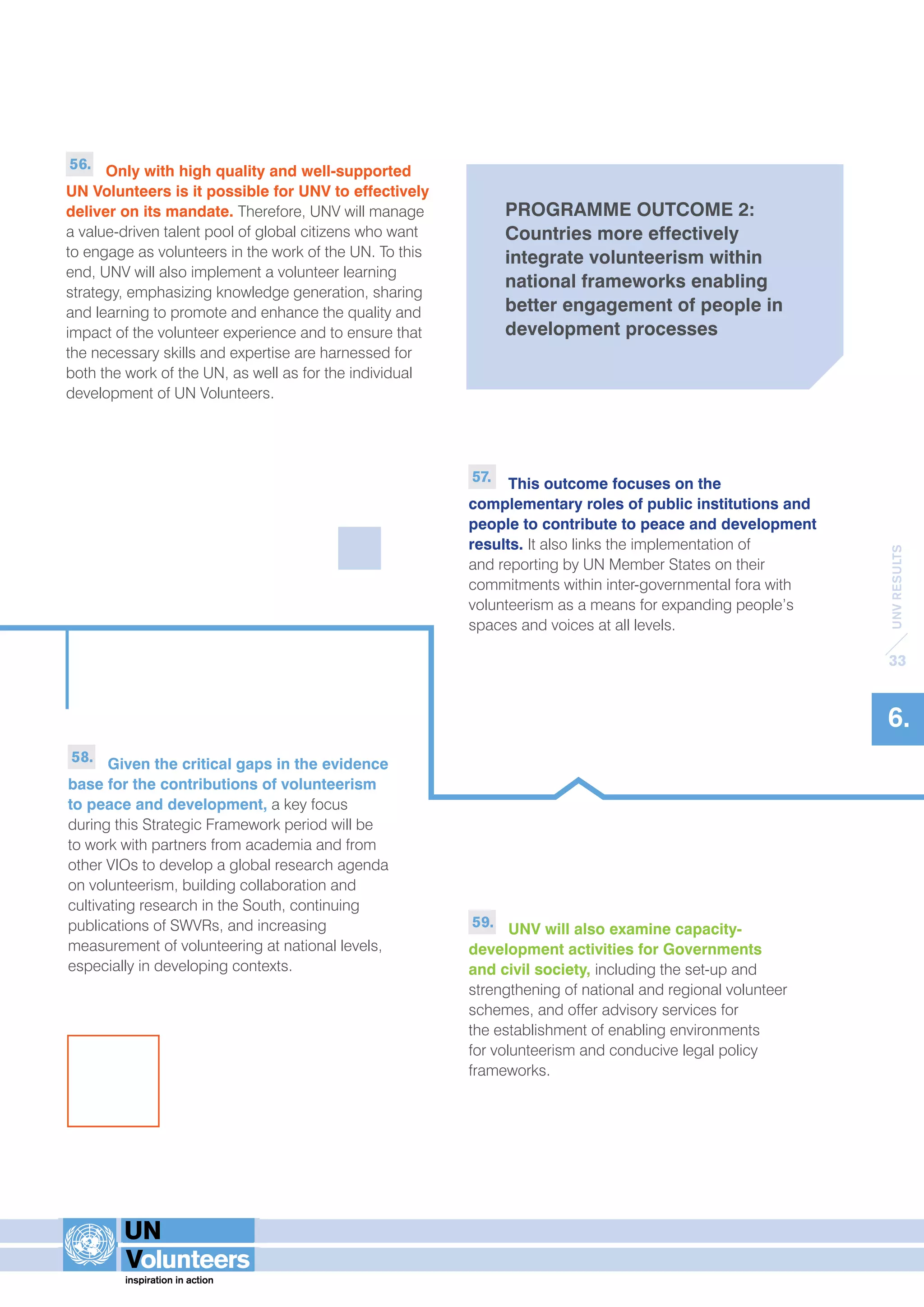 UNV RESULTS 
33 
6. 
57. This outcome focuses on the 
complementary roles of public institutions and 
people to contribute to peace and development 
results. It also links the implementation of 
and reporting by UN Member States on their 
commitments within inter-governmental fora with 
volunteerism as a means for expanding people’s 
spaces and voices at all levels. 
58. Given the critical gaps in the evidence 
base for the contributions of volunteerism 
to peace and development, a key focus 
during this Strategic Framework period will be 
to work with partners from academia and from 
other VIOs to develop a global research agenda 
on volunteerism, building collaboration and 
cultivating research in the South, continuing 
publications of SWVRs, and increasing 
measurement of volunteering at national levels, 
especially in developing contexts. 
59. UNV will also examine capacity-development 
activities for Governments 
and civil society, including the set-up and 
strengthening of national and regional volunteer 
schemes, and offer advisory services for 
the establishment of enabling environments 
for volunteerism and conducive legal policy 
frameworks. 
56. Only with high quality and well-supported 
UN Volunteers is it possible for UNV to effectively 
deliver on its mandate. Therefore, UNV will manage 
a value-driven talent pool of global citizens who want 
to engage as volunteers in the work of the UN. To this 
end, UNV will also implement a volunteer learning 
strategy, emphasizing knowledge generation, sharing 
and learning to promote and enhance the quality and 
impact of the volunteer experience and to ensure that 
the necessary skills and expertise are harnessed for 
both the work of the UN, as well as for the individual 
development of UN Volunteers. 
PROGRAMME OUTCOME 2: 
Countries more effectively 
integrate volunteerism within 
national frameworks enabling 
better engagement of people in 
development processes 
 
