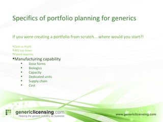 If you were creating a portfolio from scratch... where would you start?! Cash vs Profit IMS top down Patent expiries Manufacturing capability Dose forms Biologics Capacity Dedicated units Supply chain Cost Specifics of portfolio planning for generics 
