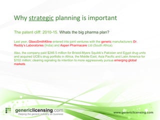 The patent cliff: 2010-15.  Whats the big pharma plan? Last year,  GlaxoSmithKline  entered into joint ventures with the  generic  manufacturers  Dr. Reddy’s Laboratories  (India) and  Aspen Pharmacare  Ltd (South Africa).  Also, the company paid $246.5 million for Bristol-Myers Squibb’s Pakistan and Egypt drug units and acquired UCB’s drug portfolio in Africa, the Middle East, Asia Pacific and Latin America for $702 million; clearing signaling its intention to more aggressively pursue  emerging global markets . Why  strategic  planning is important 