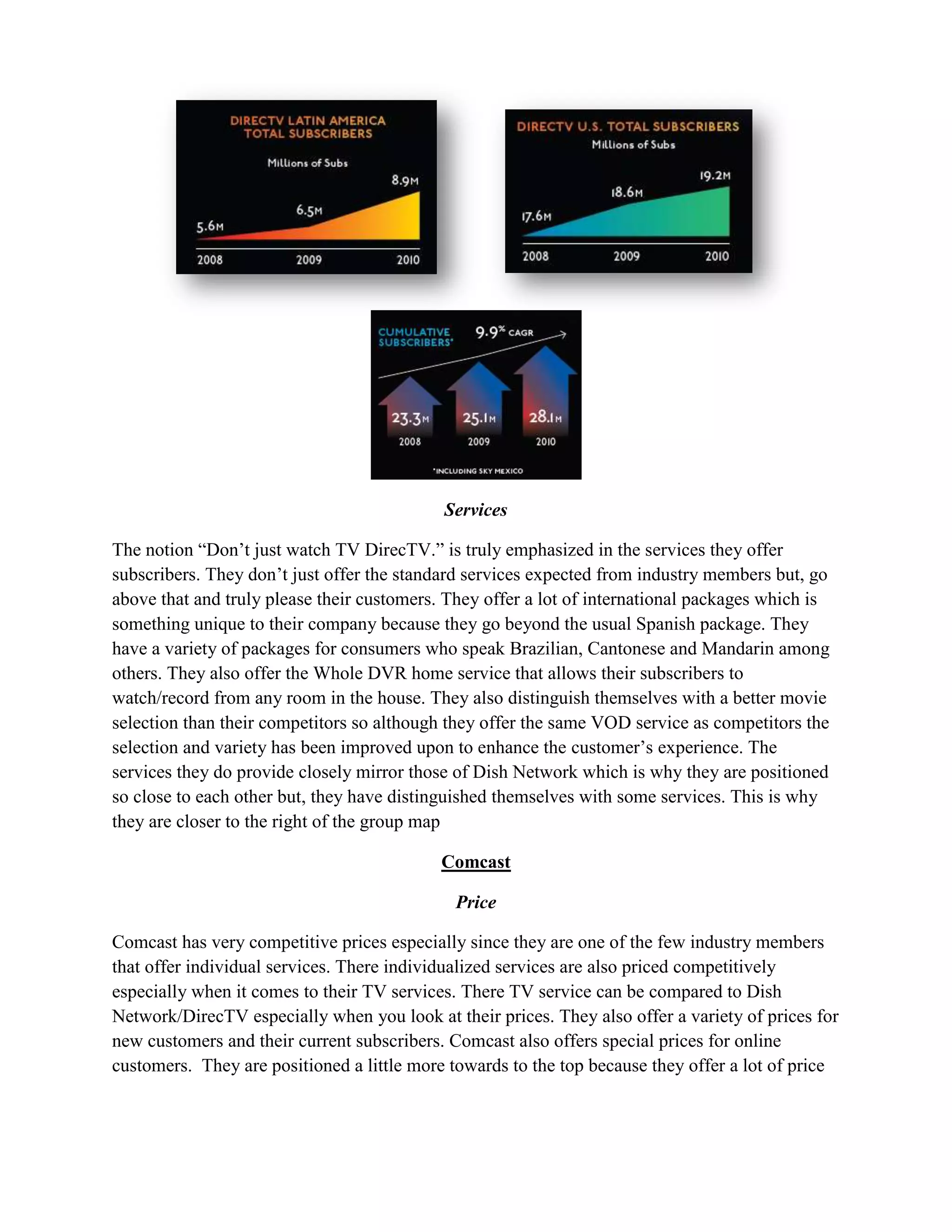 Services

The notion “Don’t just watch TV DirecTV.” is truly emphasized in the services they offer
subscribers. They don’t just offer the standard services expected from industry members but, go
above that and truly please their customers. They offer a lot of international packages which is
something unique to their company because they go beyond the usual Spanish package. They
have a variety of packages for consumers who speak Brazilian, Cantonese and Mandarin among
others. They also offer the Whole DVR home service that allows their subscribers to
watch/record from any room in the house. They also distinguish themselves with a better movie
selection than their competitors so although they offer the same VOD service as competitors the
selection and variety has been improved upon to enhance the customer’s experience. The
services they do provide closely mirror those of Dish Network which is why they are positioned
so close to each other but, they have distinguished themselves with some services. This is why
they are closer to the right of the group map

                                            Comcast

                                             Price

Comcast has very competitive prices especially since they are one of the few industry members
that offer individual services. There individualized services are also priced competitively
especially when it comes to their TV services. There TV service can be compared to Dish
Network/DirecTV especially when you look at their prices. They also offer a variety of prices for
new customers and their current subscribers. Comcast also offers special prices for online
customers. They are positioned a little more towards to the top because they offer a lot of price
 