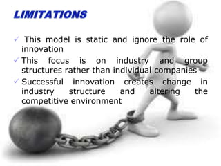  This model is static and ignore the role of
innovation
 This focus is on industry and group
structures rather than individual companies
 Successful innovation creates change in
industry structure and altering the
competitive environment
 