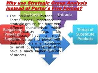  The influence of Porter´s Five
Forces loses importance as
strategic groups can have very
different characteristics within
an industry (e.g. big
businesses have a much
higher bargaining power with
their suppliers when compared
to small businesses, as they
have a much higher quantity
of orders).
 