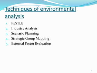 Techniques of environmental
analysis
1. PESTLE
2. Industry Analysis
3. Scenario Planning
4. Strategic Group Mapping
5. External Factor Evaluation
2