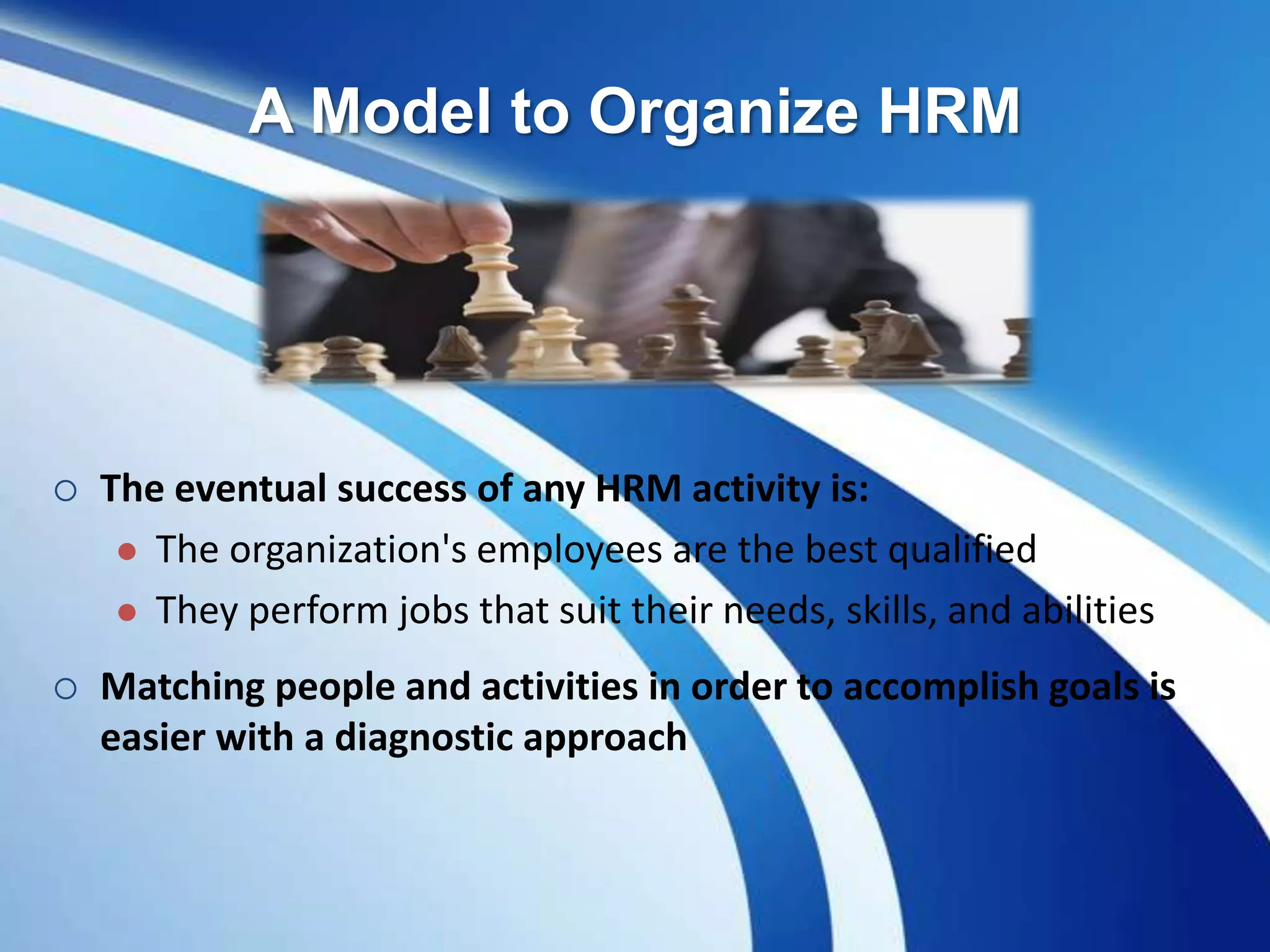  The eventual success of any HRM activity is:
 The organization's employees are the best qualified
 They perform jobs that suit their needs, skills, and abilities
 Matching people and activities in order to accomplish goals is
easier with a diagnostic approach
A Model to Organize HRM
 