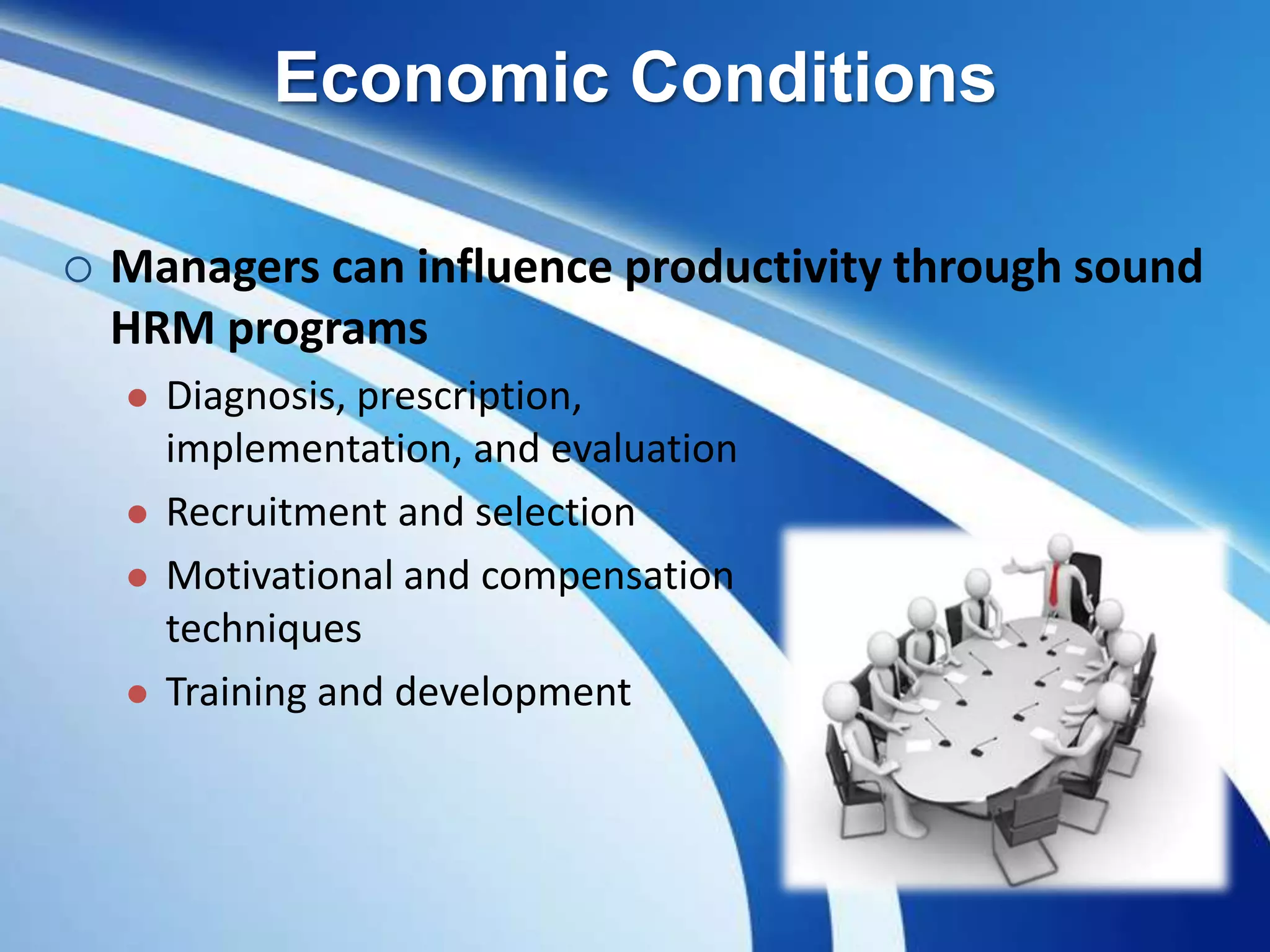 Economic Conditions
 Managers can influence productivity through sound
HRM programs
 Diagnosis, prescription,
implementation, and evaluation
 Recruitment and selection
 Motivational and compensation
techniques
 Training and development
 