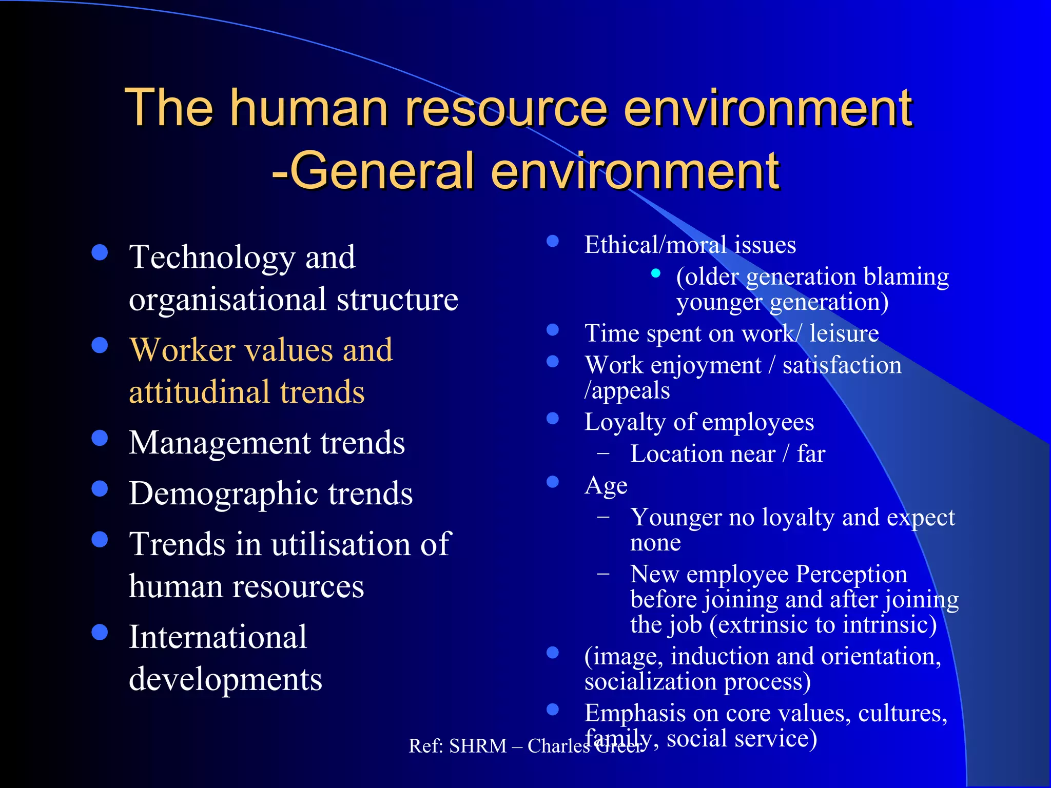 The human resource environmentThe human resource environment
-General environment-General environment
 Technology and
organisational structure
 Worker values and
attitudinal trends
 Management trends
 Demographic trends
 Trends in utilisation of
human resources
 International
developments
 Ethical/moral issues
 (older generation blaming
younger generation)
 Time spent on work/ leisure
 Work enjoyment / satisfaction
/appeals
 Loyalty of employees
– Location near / far
 Age
– Younger no loyalty and expect
none
– New employee Perception
before joining and after joining
the job (extrinsic to intrinsic)
 (image, induction and orientation,
socialization process)
 Emphasis on core values, cultures,
family, social service)Ref: SHRM – Charles Greer
 