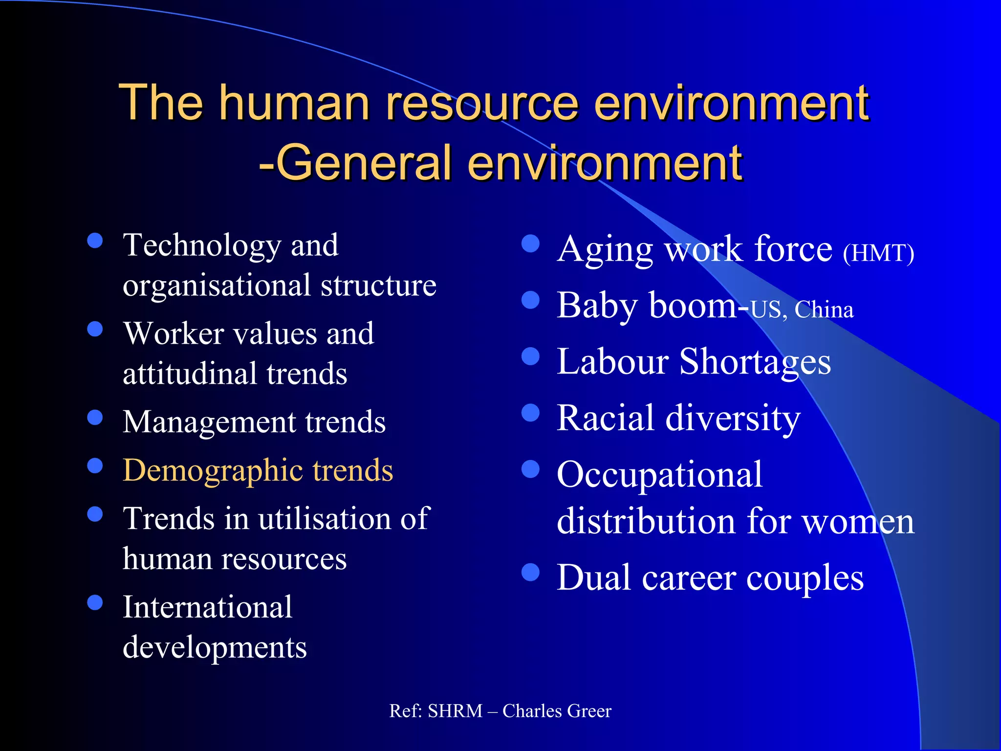 The human resource environmentThe human resource environment
-General environment-General environment
 Aging work force (HMT)
 Baby boom-US, China
 Labour Shortages
 Racial diversity
 Occupational
distribution for women
 Dual career couples
 Technology and
organisational structure
 Worker values and
attitudinal trends
 Management trends
 Demographic trends
 Trends in utilisation of
human resources
 International
developments
Ref: SHRM – Charles Greer
 