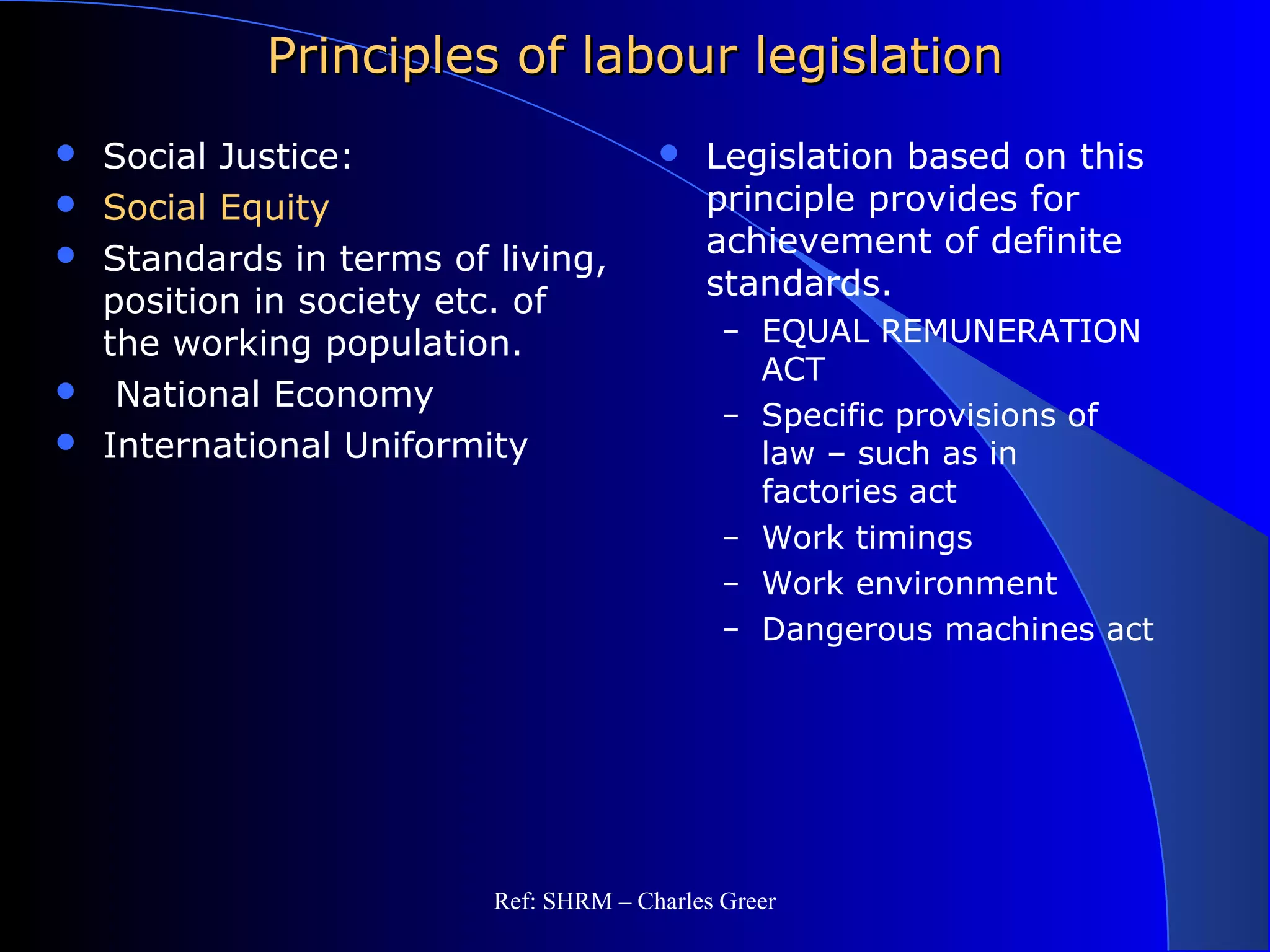 Principles of labour legislationPrinciples of labour legislation
 Social Justice:
 Social Equity
 Standards in terms of living,
position in society etc. of
the working population.
 National Economy
 International Uniformity
 Legislation based on this
principle provides for
achievement of definite
standards.
– EQUAL REMUNERATION
ACT
– Specific provisions of
law – such as in
factories act
– Work timings
– Work environment
– Dangerous machines act
Ref: SHRM – Charles Greer
 