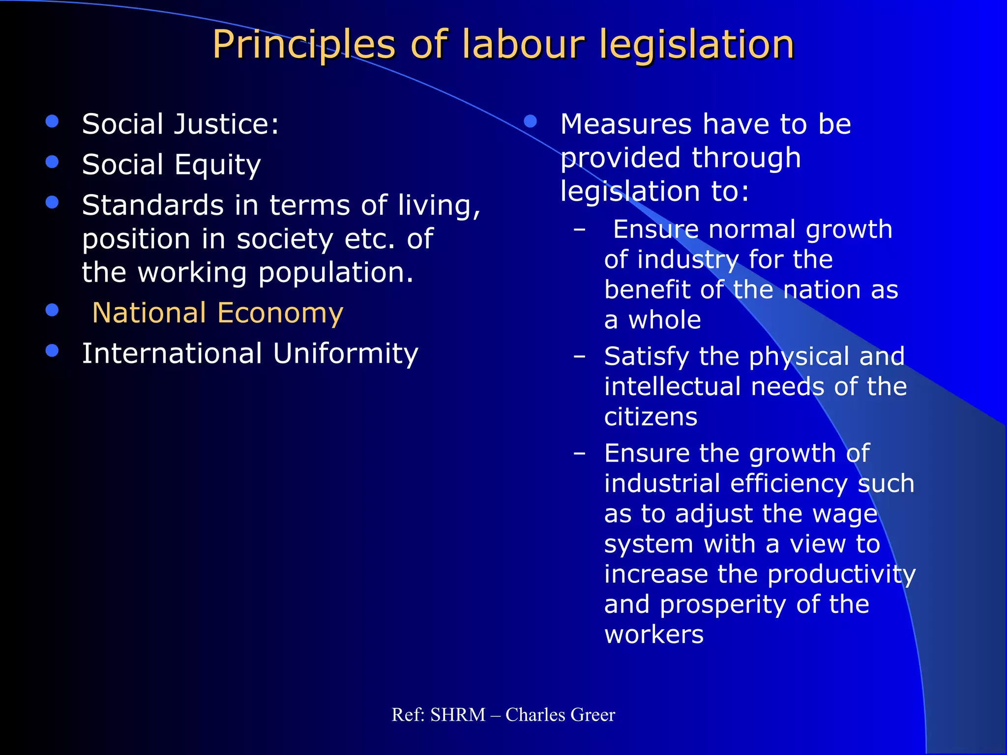 Principles of labour legislationPrinciples of labour legislation
 Social Justice:
 Social Equity
 Standards in terms of living,
position in society etc. of
the working population.
 National Economy
 International Uniformity
 Measures have to be
provided through
legislation to:
– Ensure normal growth
of industry for the
benefit of the nation as
a whole
– Satisfy the physical and
intellectual needs of the
citizens
– Ensure the growth of
industrial efficiency such
as to adjust the wage
system with a view to
increase the productivity
and prosperity of the
workers
Ref: SHRM – Charles Greer
 
