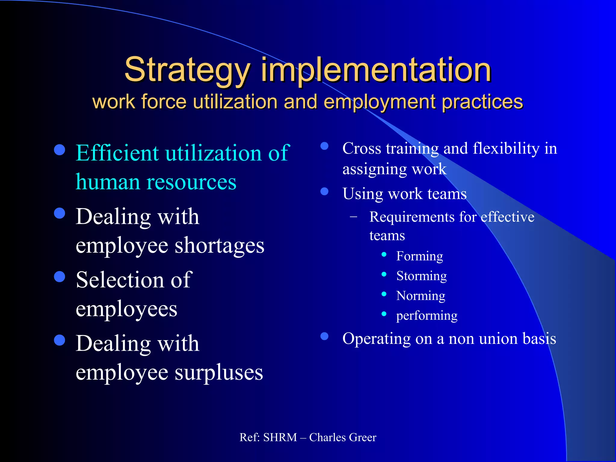 Strategy implementationStrategy implementation
work force utilization and employment practiceswork force utilization and employment practices
 Efficient utilization of
human resources
 Dealing with
employee shortages
 Selection of
employees
 Dealing with
employee surpluses
 Cross training and flexibility in
assigning work
 Using work teams
– Requirements for effective
teams
 Forming
 Storming
 Norming
 performing
 Operating on a non union basis
Ref: SHRM – Charles Greer
 