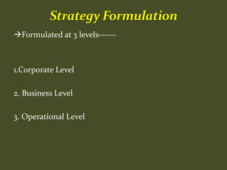 Formulated at 3 levels------
1.Corporate Level
2. Business Level
3. Operational Level
 