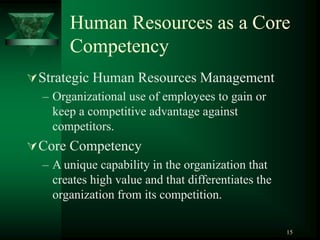 15
Human Resources as a Core
Competency
Strategic Human Resources Management
– Organizational use of employees to gain or
keep a competitive advantage against
competitors.
Core Competency
– A unique capability in the organization that
creates high value and that differentiates the
organization from its competition.
 