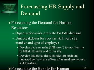33
Forecasting HR Supply and
Demand
Forecasting the Demand for Human
Resources
– Organization-wide estimate for total demand
– Unit breakdown for specific skill needs by
number and type of employee
• Develop decision rules (“fill rates”) for positions to
be filled internally and externally.
• Develop additional decision rules for positions
impacted by the chain effects of internal promotions
and transfers.
Forecasting the Supply for Human
 