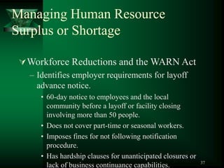 37
Managing Human Resource
Surplus or Shortage
Workforce Reductions and the WARN Act
– Identifies employer requirements for layoff
advance notice.
• 60-day notice to employees and the local
community before a layoff or facility closing
involving more than 50 people.
• Does not cover part-time or seasonal workers.
• Imposes fines for not following notification
procedure.
• Has hardship clauses for unanticipated closures or
lack of business continuance capabilities.
 