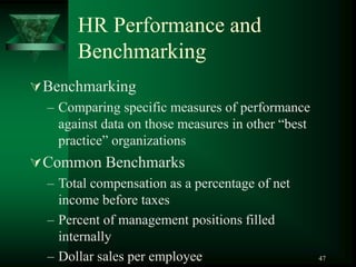 47
HR Performance and
Benchmarking
Benchmarking
– Comparing specific measures of performance
against data on those measures in other “best
practice” organizations
Common Benchmarks
– Total compensation as a percentage of net
income before taxes
– Percent of management positions filled
internally
– Dollar sales per employee
 