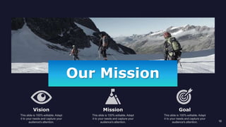 Our Mission
Vision
This slide is 100% editable. Adapt
it to your needs and capture your
audience's attention.
Mission
This slide is 100% editable. Adapt
it to your needs and capture your
audience's attention.
Goal
This slide is 100% editable. Adapt
it to your needs and capture your
audience's attention. 16
 