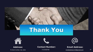 Thank You
Address:
# street number, city, state
Contact Number:
0123456789
Email Address:
emailaddress123@gmail.com 28
 
