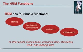 The HRM Functions
HRM has four basic functions:
In other words, hiring people, preparing them, stimulating
them, and keeping them.
staffing
training and
development
motivation
maintenance
 