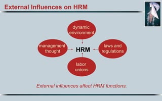External Influences on HRM
management
thought
labor
unions
laws and
regulationsHRM
dynamic
environment
External influences affect HRM functions.
 