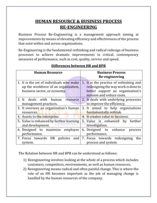 HUMAN RESOURCE & BUSINESS PROCESS
RE-ENGINEERING
Business Process Re-Engineering is a management approach aiming at
improvements by means of elevating efficiency and effectiveness of the process
that exist within and across organizations.
Re-Engineering is the fundamental rethinking and radical redesign of business
processes to achieve dramatic improvements in critical, contemporary
measures of performance, such as cost, quality, service and speed.
Differences between HR and BPR
Human Resource Business Process
Re-engineering
1. It is the set of individuals who make
up the workforce of an organization,
business sector, or economy.
1. It is the practice of rethinking and
redesigning the way work is done to
better support an organization's
mission and reduce costs.
2. It deals with human resource
management practices.
2. It deals with underlying processes
to improve the efficiency.
3. It oversees an organization's human
resources.
3. It aimed to help organizations
fundamentally rethink.
4. Assets to the enterprise. 4. It creates value to business.
5. Value is enhanced by further learning
and development.
5. Value is enhanced by further
investigation.
6. Designed to maximize employee
performance.
6. Designed to enhance process
performance.
7. Focus towards HR policies and
system.
7. Focus towards redesigning the
process and system.
The Relation between HR and BPR can be understood as follows:
1) Reengineering involves looking at the whole of a process which includes
customers, competitors, environments, as well as human resources.
2) Reengineering means radical and often painful change. This is where the
role of an HR becomes important as the job of managing change is
handled by the human resources of the company.
 