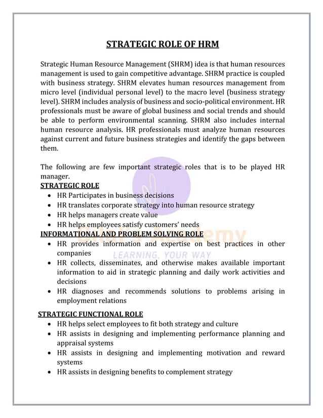 STRATEGIC HUMAN RESOURCE MANAGEMENT NOTES PDF