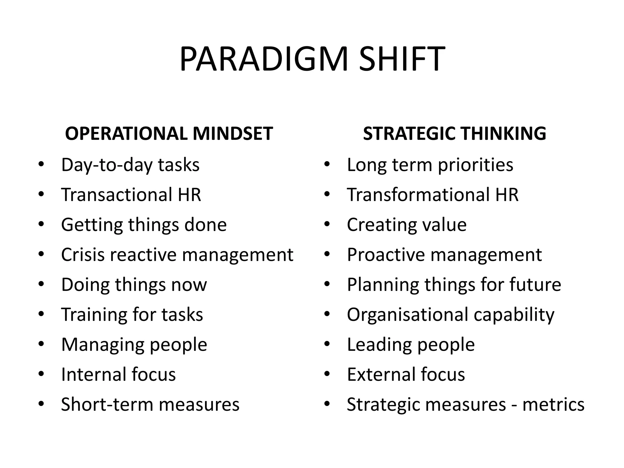 PARADIGM SHIFT 
OPERATIONAL MINDSET 
•Day-to-day tasks 
•Transactional HR 
•Getting things done 
•Crisis reactive management 
•Doing things now 
•Training for tasks 
•Managing people 
•Internal focus 
•Short-term measures 
STRATEGIC THINKING 
•Long term priorities 
•Transformational HR 
•Creating value 
•Proactive management 
•Planning things for future 
•Organisational capability 
•Leading people 
•External focus 
•Strategic measures -metrics  